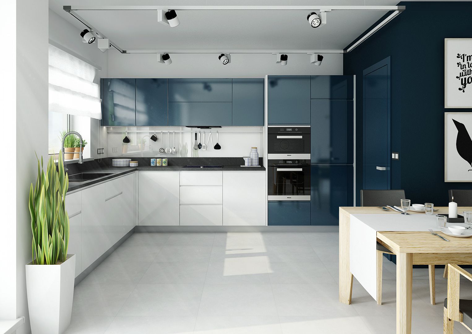 Lakovaná moderní kuchyně v modré barvě
