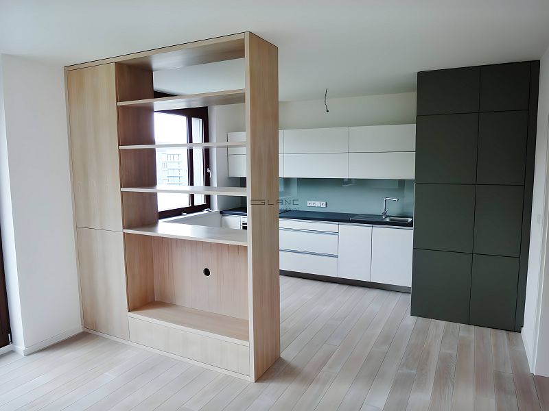 Designová kuchyně s předělovací stěnou, v prostorném bytě